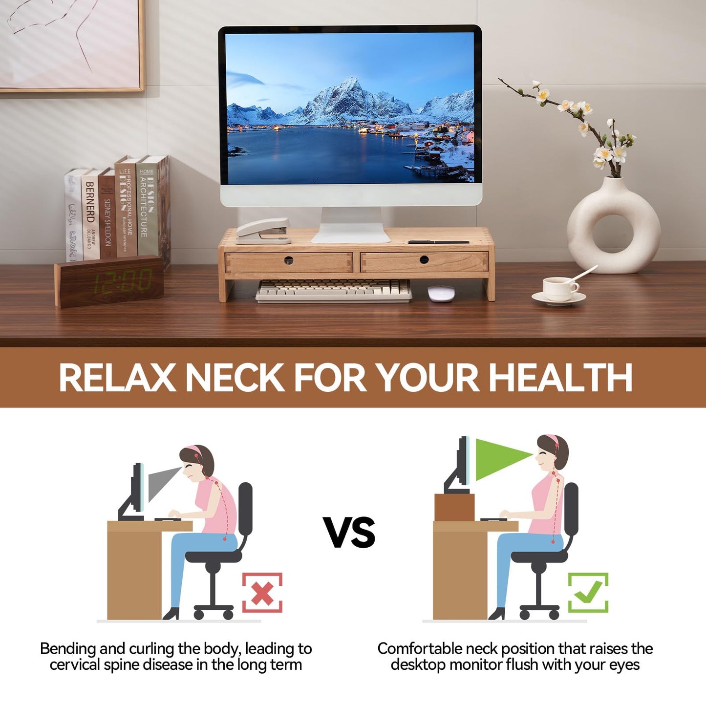 KIRIGEN Wood Monitor Stand with 2 Drawers, Solid Wood Computer Monitor Riser for Desk, Desktop Organizer Shelf with Cable Management, Pen Slots, Natural, No Assembly PMJ-NA