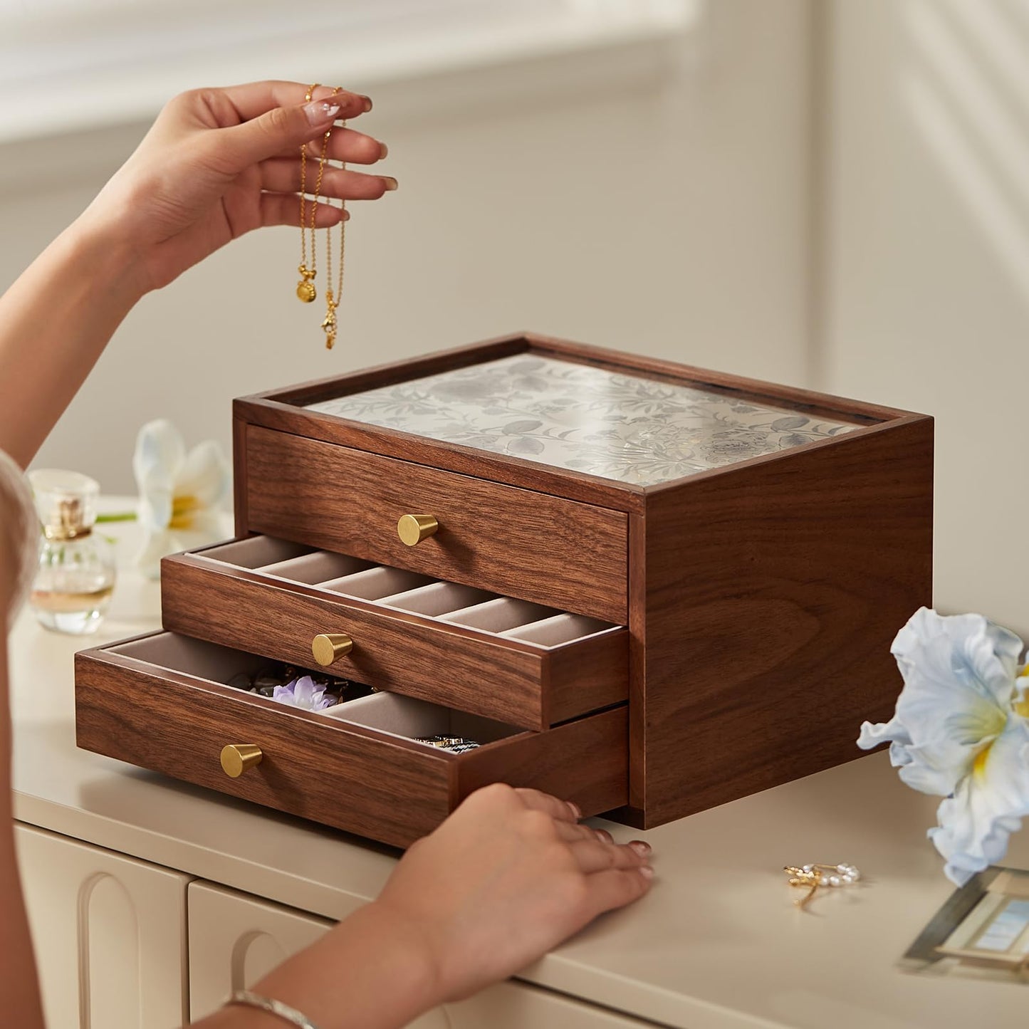 Homruilink Black Walnut Wooden Jewelry Box with Blue Floral Glass Lid for Women, large 3 Layer Drawer Organizer Box for Necklaces, Watch, Necklace, Ring, Earring Storage, Fathers Day Gift