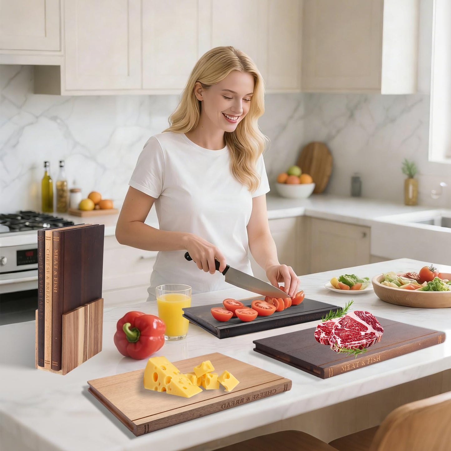 Book Cutting Board Set, Wooden Kitchen Book Cutting Board with Stand, Book Shaped Cutting Board for Kitchen Prep & Decorative Display