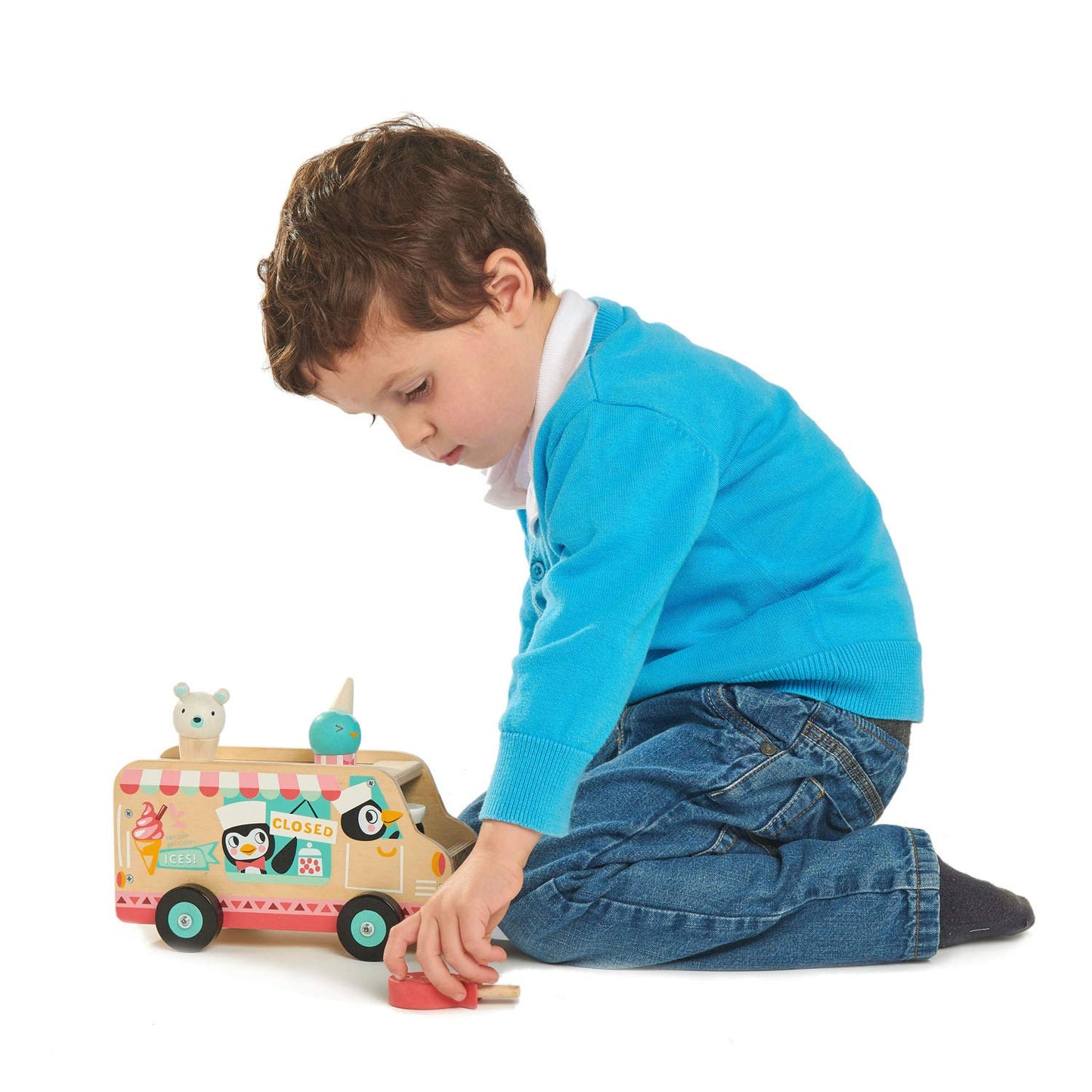 Tender Leaf Toys - Penguin’s Gelato Van - Food Truck Style Pretend Food Play Ice Cream Wooden Vehicle - Encourage Role Play and Develops Social Skills for Children 18m+