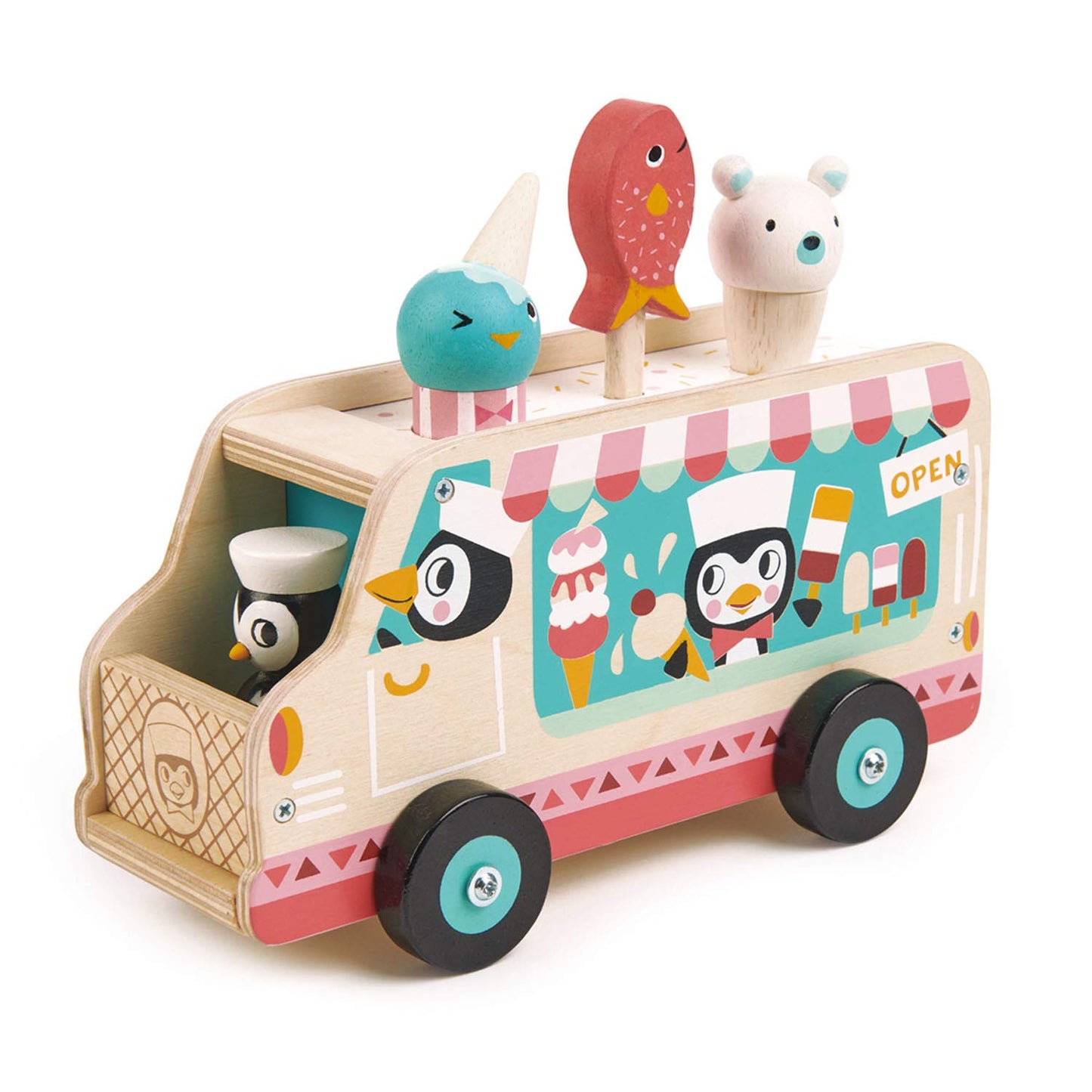 Tender Leaf Toys - Penguin’s Gelato Van - Food Truck Style Pretend Food Play Ice Cream Wooden Vehicle - Encourage Role Play and Develops Social Skills for Children 18m+