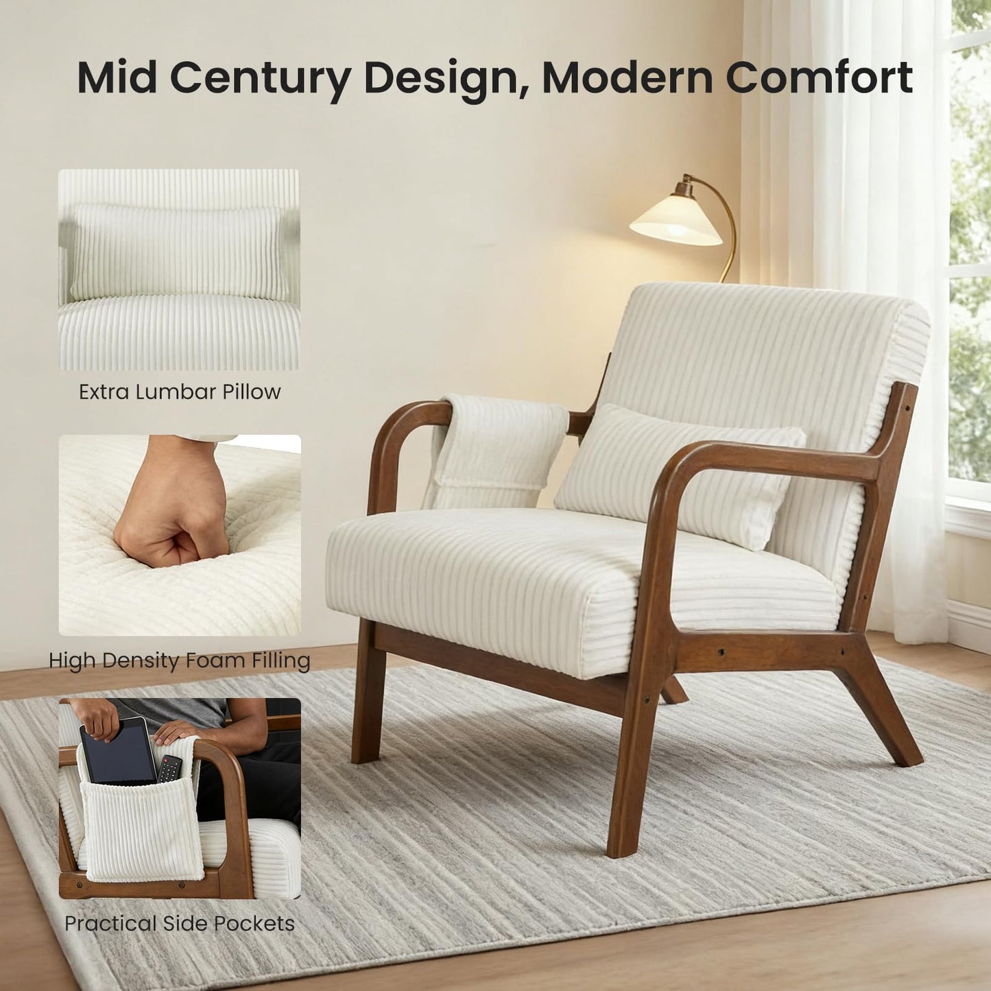 DUMOS Mid Century Modern Accent Chair, Upholstered Armchair with Lumbar Pillow and Solid Wood Frame, Comfy Reading Chair for Small Living Room, Bedroom, Guest Room, Beige