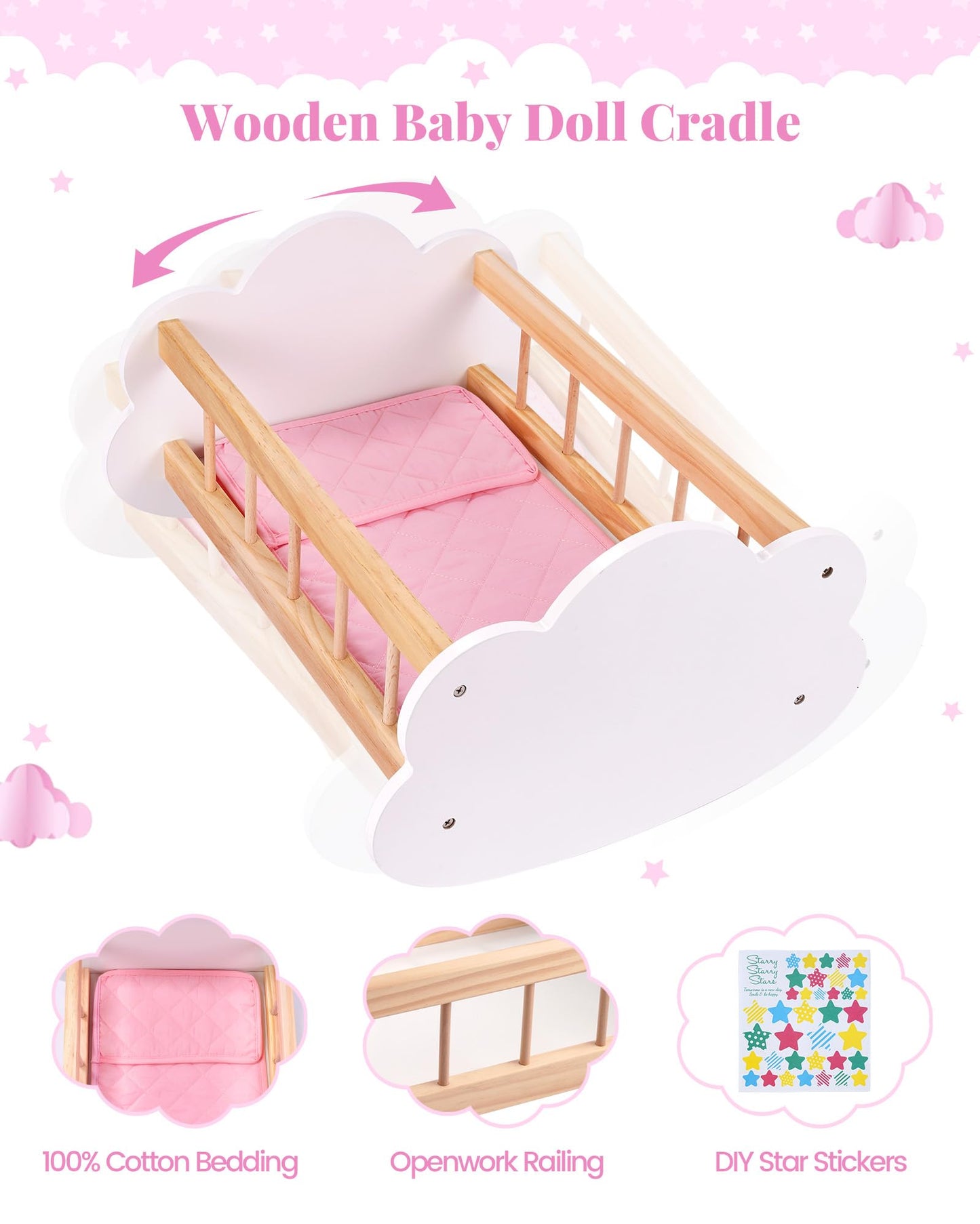 BABESIDE Wooden Baby Dolls Bed for 12-16 Inches Doll, Rocking Babys Doll Crib, Sleep Bed, Baby Dolls Accessories Furniture fit Dolls Boys Girls