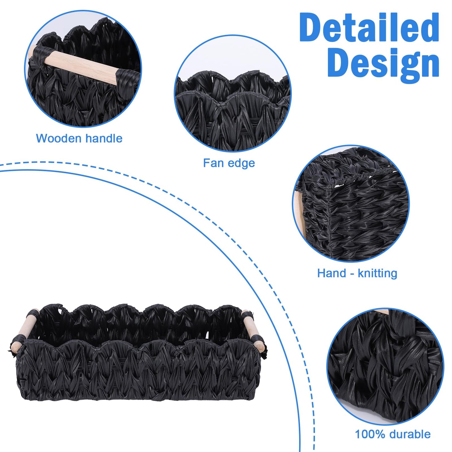 Duimbok Black Paper Rope Woven Basket, Scalloped Edge Toilet Paper Holder with Wooden Handles, Farmhouse Bathroom Storage for Over Toilet Shelf, End Table, Cozy Bedroom Decor