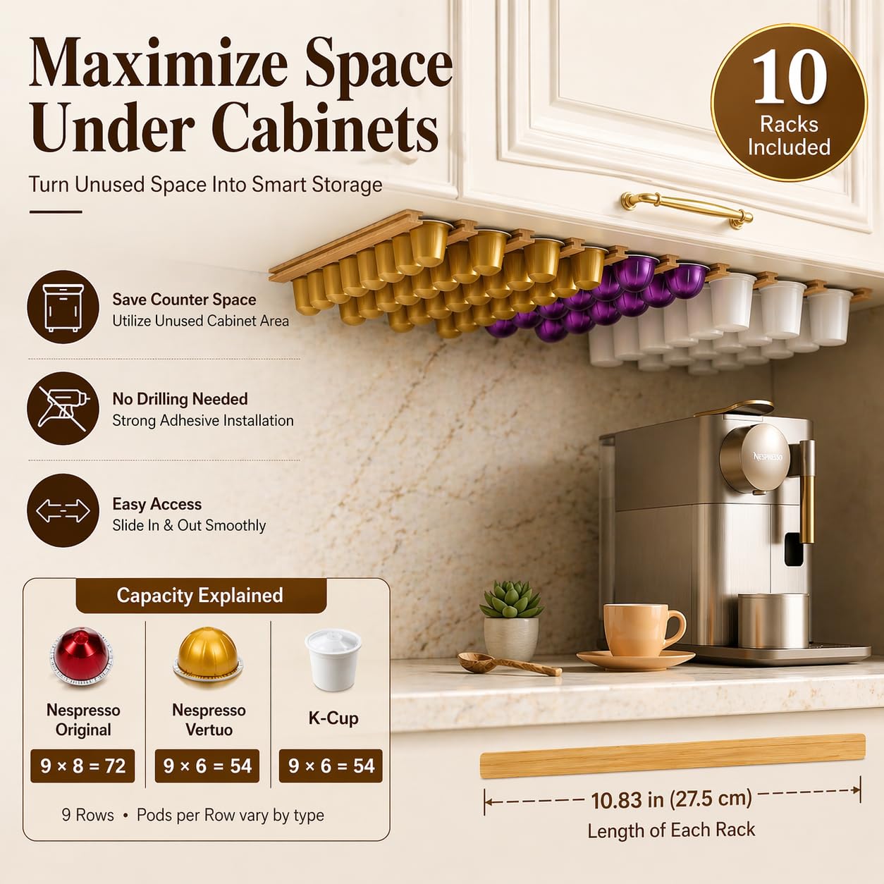 VOMELON K Cup Holder,Wooden Coffee Pod Holder,10 PCS Under Cabinets Wall Mounte Vertically/Horizontally,Coffee Pod Storage for Coffee Shop Desktop Office and Kitchen, Bamboo Wood