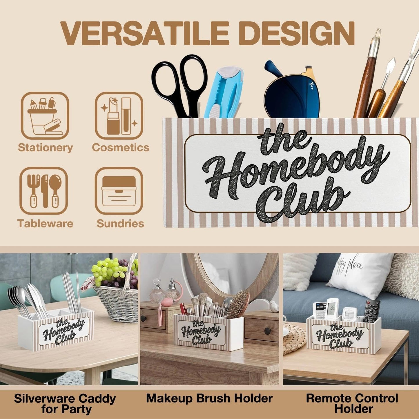 LIANGEAGOM Trendy Retro Funny Pen Pencil Holder Organizer for Desk Accessories, Introverts Gifts, the Homebody Club Neutral Striped Wooden Box Signs Decorations for Home Office Desk Tabletop