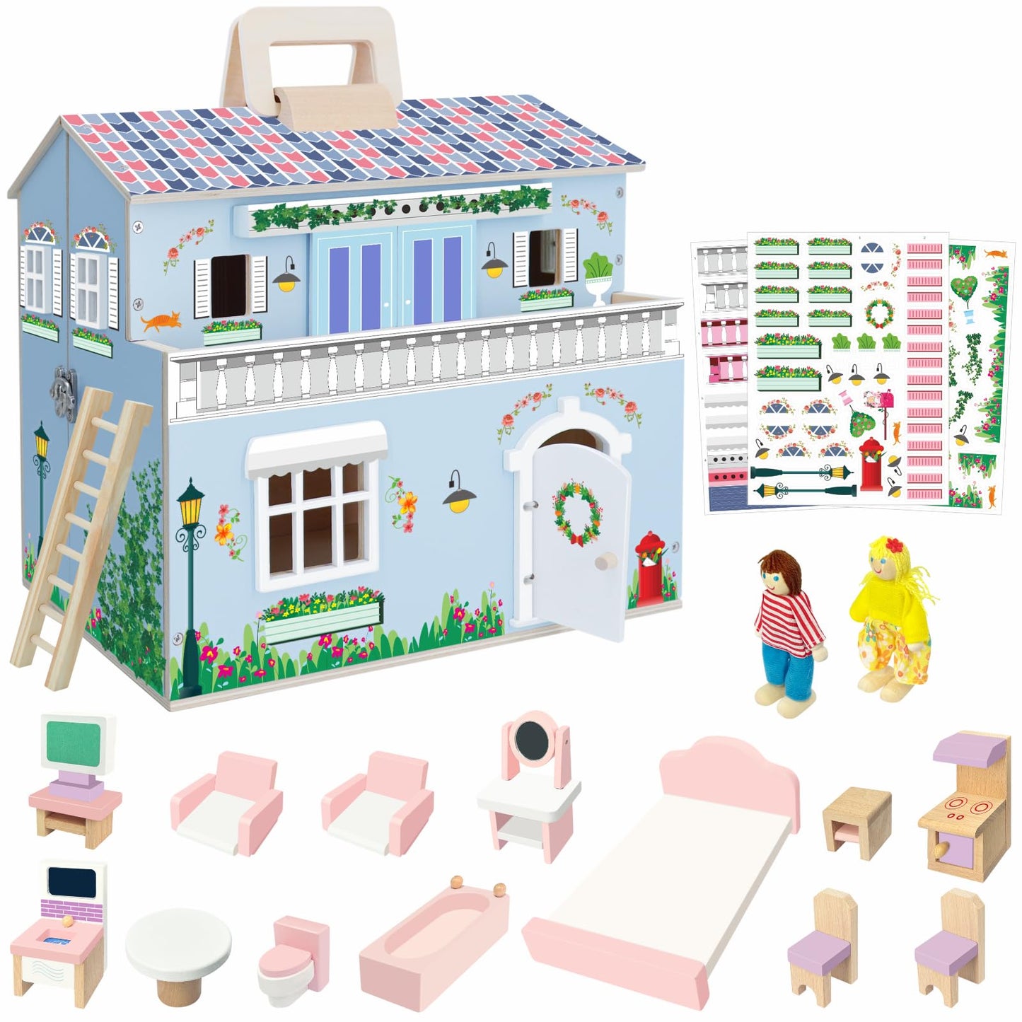 SIMPLIPLAY DIY Portable Wooden Dollhouse, Pretend Play Doll House Set with 4 Rooms, 13 Furnitures, 2 Dolls, 3 Sticker with 2 Styles, 1 Wooden Ladder, Doll House for 3+ Year Old Kids Boys Girls Gift