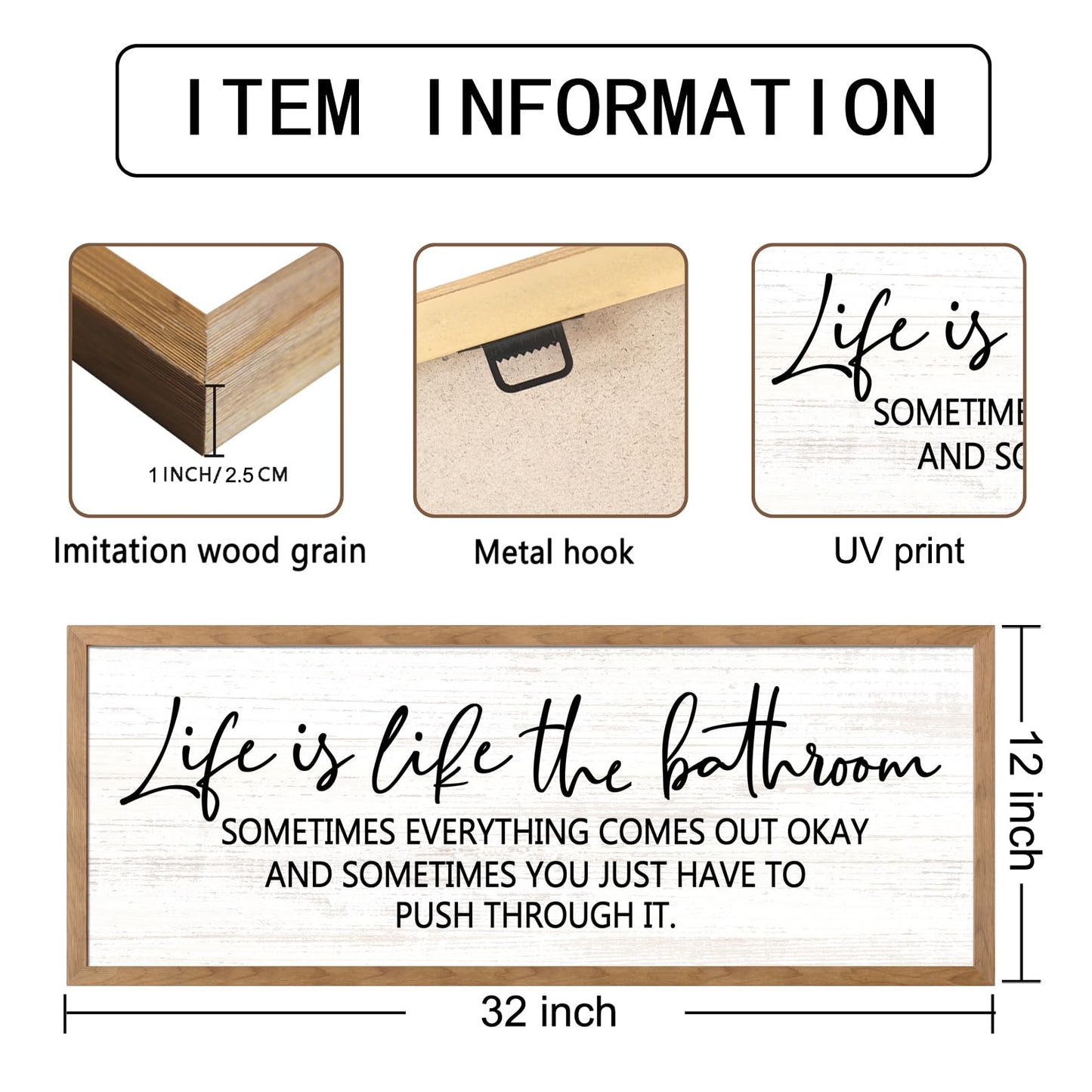 Cpcdaosk Life is Like the Bathroom Wooden Sign Framed Wall Art, 32''×12'' Horizontal Inspirational Quote Wood Plaque above the Bathtub, Farmhouse Long Motivational Saying Wood Sign Wall Decor for Bathhouse (Life is Like the Bathroom, Natural, 32"x12")