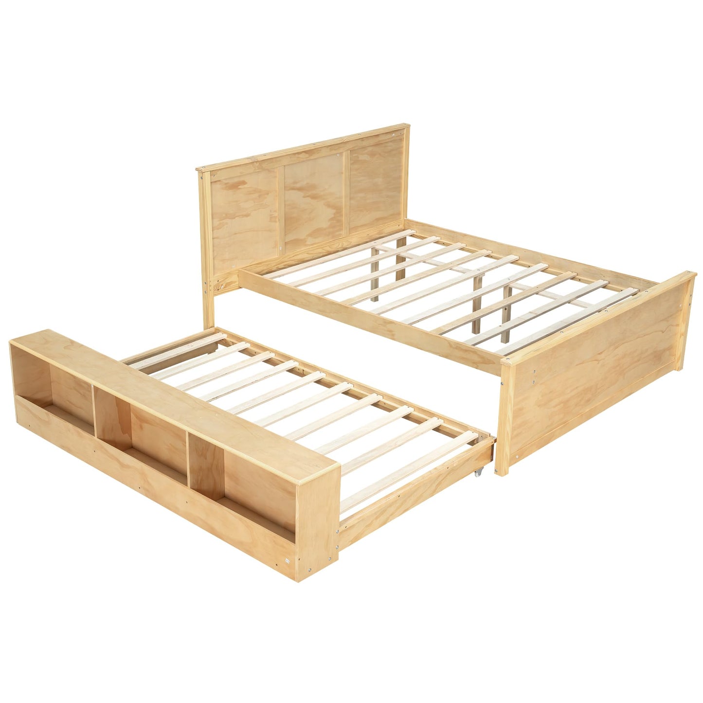 Merax Classic Wooden Platform Bed with Trundle Bed and Storage Cabinet, Full Storage Bed Frame with Headboard for Bedroom, Guest Room,No Box Spring Needed,Easy Assemble, Natural