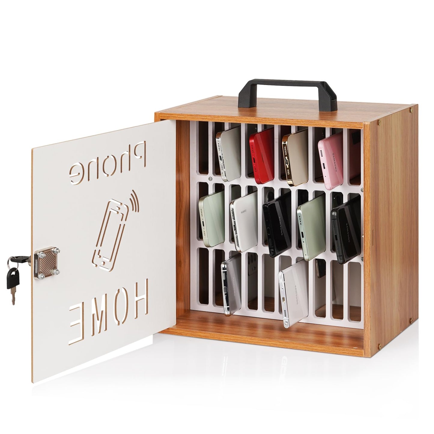 Lzttyee Cell Phone Holder Classroom 33 Slots Wooden Cell Phone Storage Cabinet Pocket Chart with Handle and Security Lock for Classroom Office (33 Grid Cabinet Cherry)