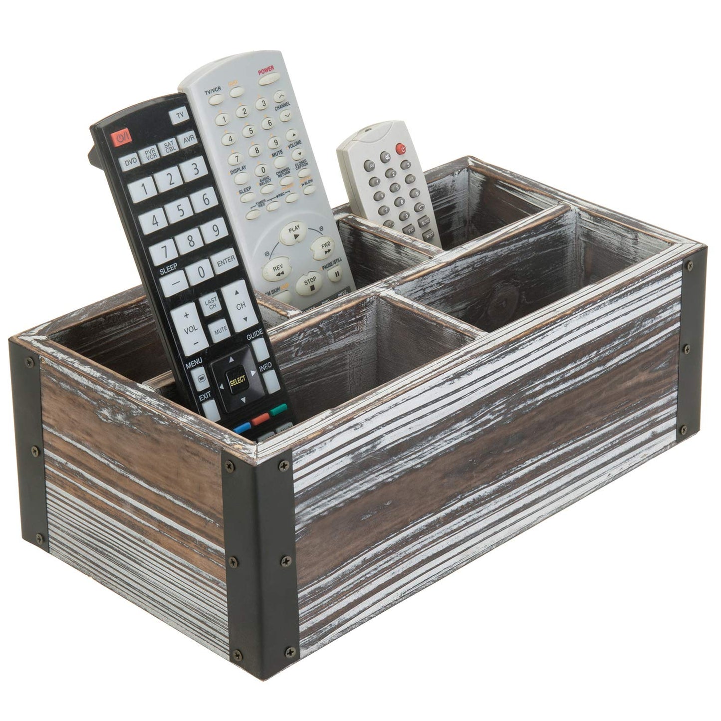 MyGift Remote Control Holder with 5-Compartment, Media Storage Organizer Remote Caddy with Black Metal Corner Wraps, for Table, Desk, Rustic Torched Wood