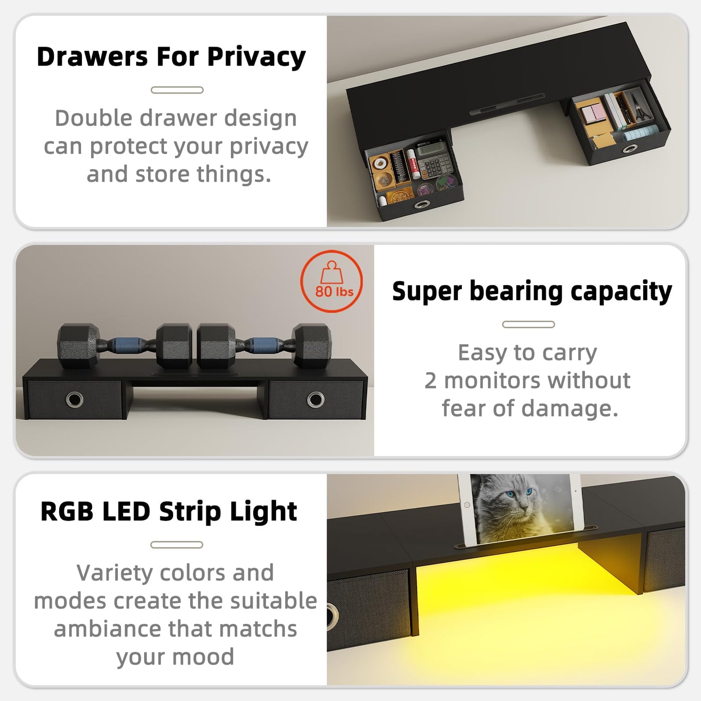YAOHUOO Dual Monitor Stand with LED Light 2 Drawers, Computer Monitor Riser for 2 Monitors, Large Desktop Organzier with Storage for PC/Laptop/Computer/TV Screen/Printer