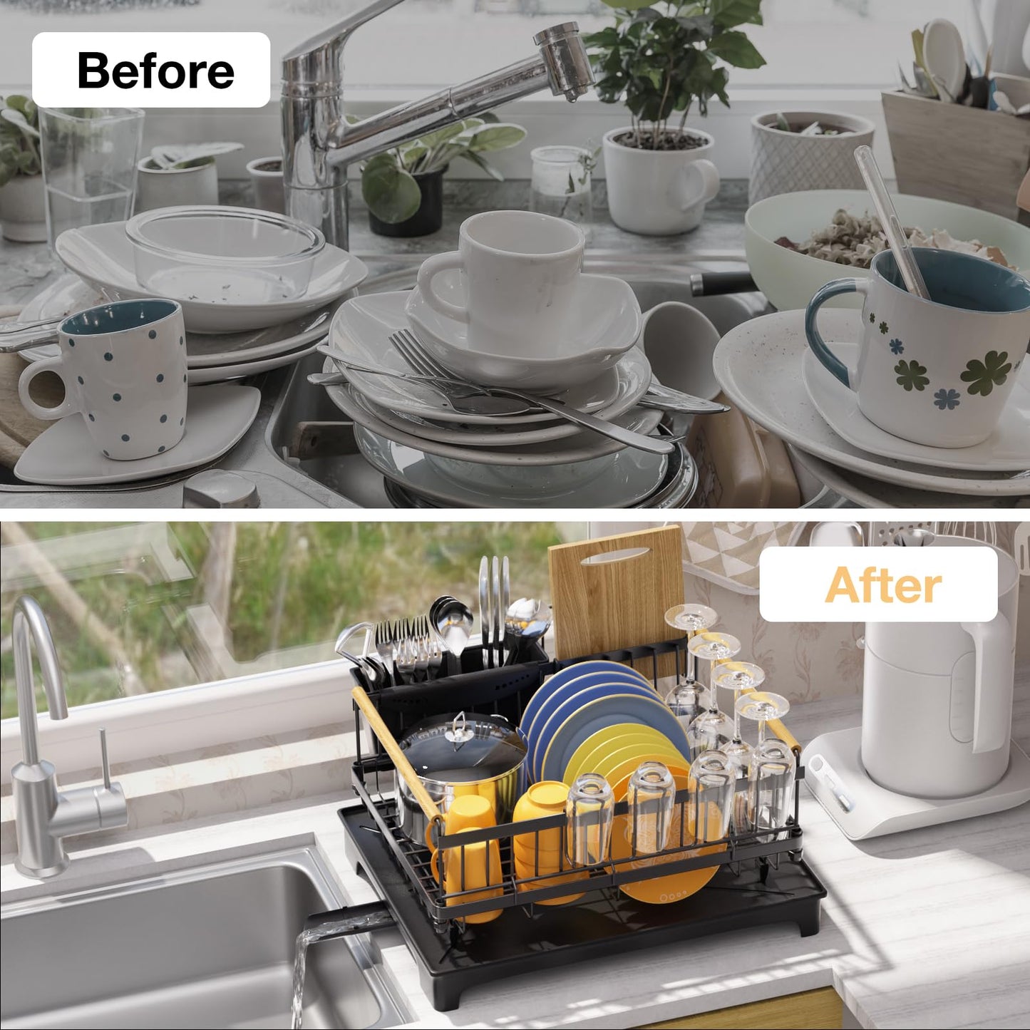 Dish Rack Lightweight & Space-Saving Drying Rack with Drainboard Large Capacity Anti-Rust Kitchen Counter Organizer with Cup, Utensil & Cutting Board Holders for Dishes, Bowels, Spoons and Forks