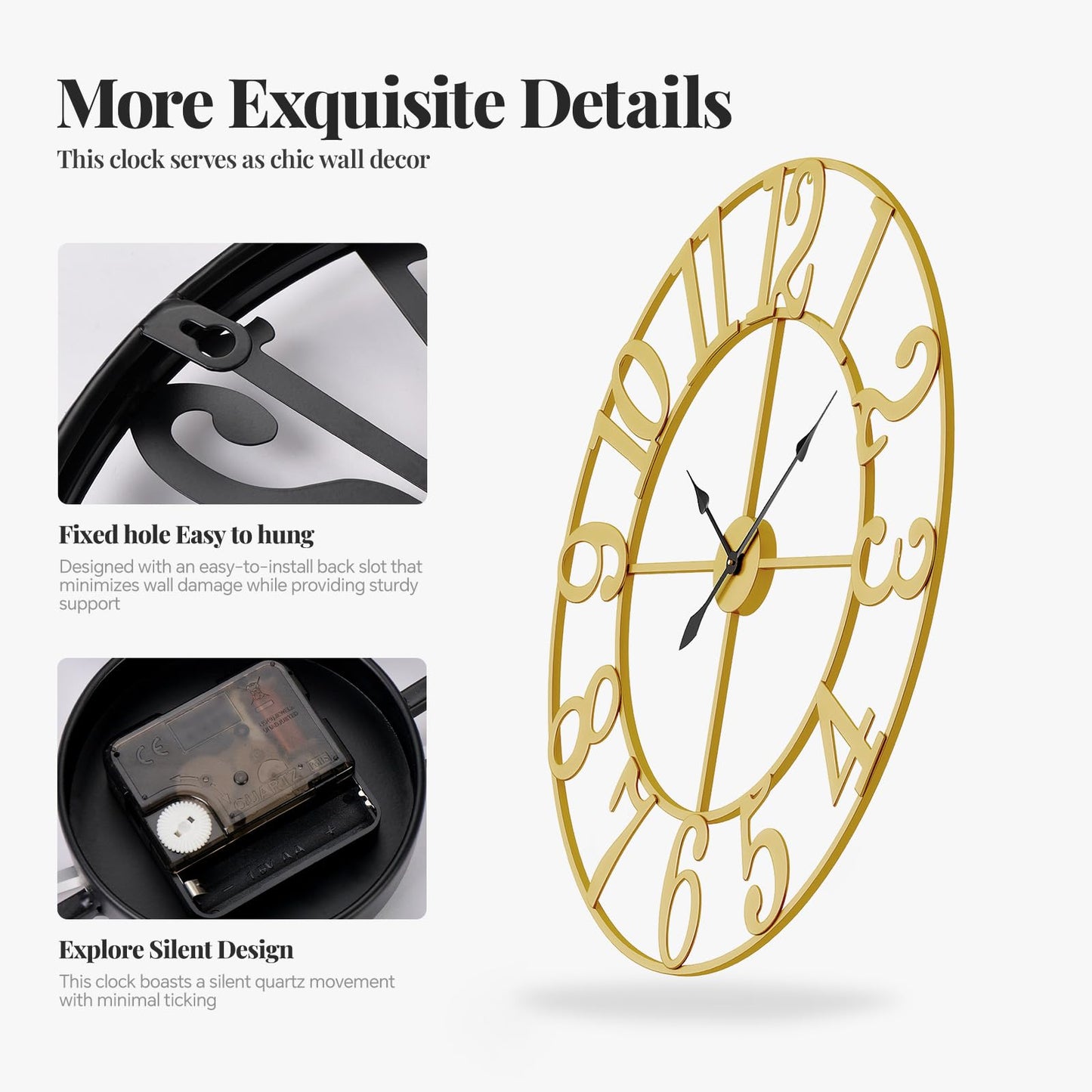 Large Wall Clock Gold Clocks for Living Room, 24 Inch Decorative Wall Clocks Battery-Operated, Modern Metal Round Clock Silent Non Ticking for Kitchen Mantel Bedroom Office Decor, Arabic Numerals