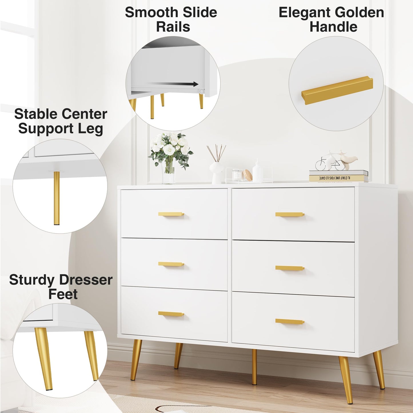 IDEALHOUSE 6 Drawer Dresser, Modern Wooden Chest of Drawers with Gold Handles, Deep Drawers for Bedroom, Living Room and Entryway, White