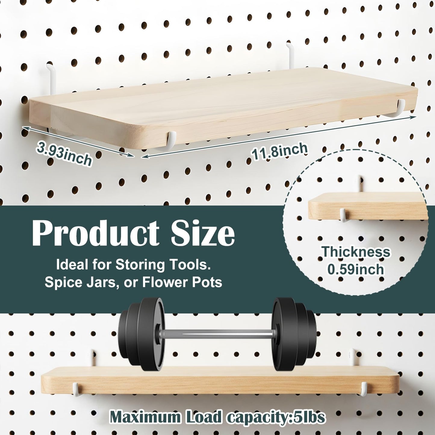 2 Pack Pegboard Shelves, Solid Wood Wall Shelf with Hooks, Solid Wood Pegboard Shelf, High Balance and No tilt, Wooden Pegboard Shelves for Metal Pegboard, Organizer Accessories for Home & Office