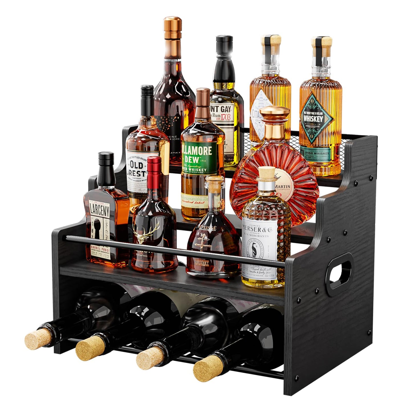 KLM 4-Tier Wood Display Shelf, Black Modern Bottle Organizer, Countertop Bar Stand for Liquor, Coffee Syrup, (Black)