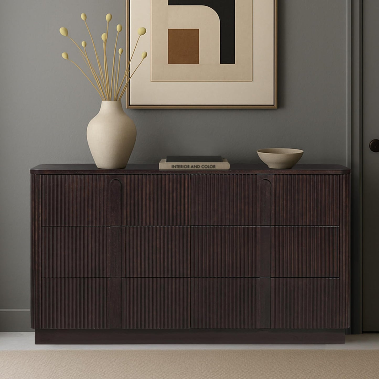 Teamson Home 55'' W Ample Storage 6-Drawer Dresser Push to Open Modern Scandinavian with Rounded Edges and Reeding Pattern Bedroom Furniture Clothing Chest in Warm Espresso Finish