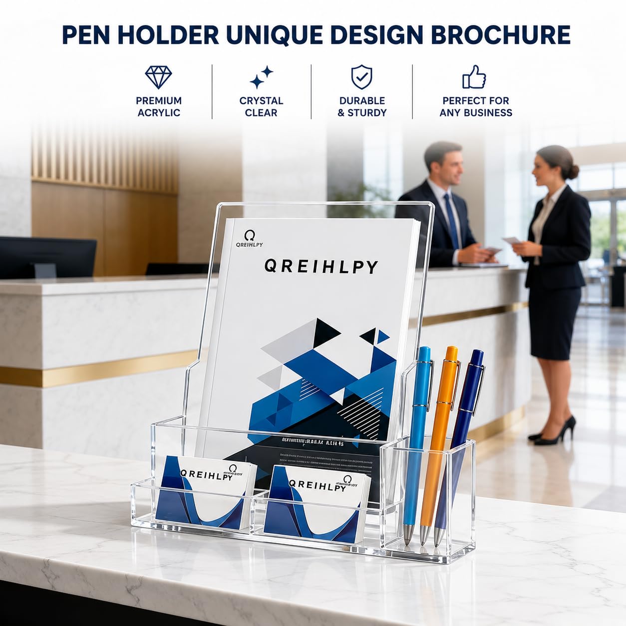 QREIHLPY Acrylic Brochure Holder 2 Pack, 8.5*11inch with Pen Holders & Business Card Slot, Clear Display Stand for Countertop, Suitable for Pamphle, Magazines, Menus, Trifold Booklets