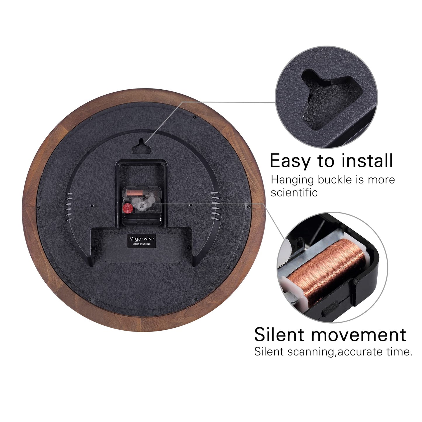 Vigorwise 14 Inch Wooden Wall Clock, Retro Wood Wall Clocks Battery Operated, Large Silent Sweep Movement Accurate Wall Clock for Living Room Bedroom