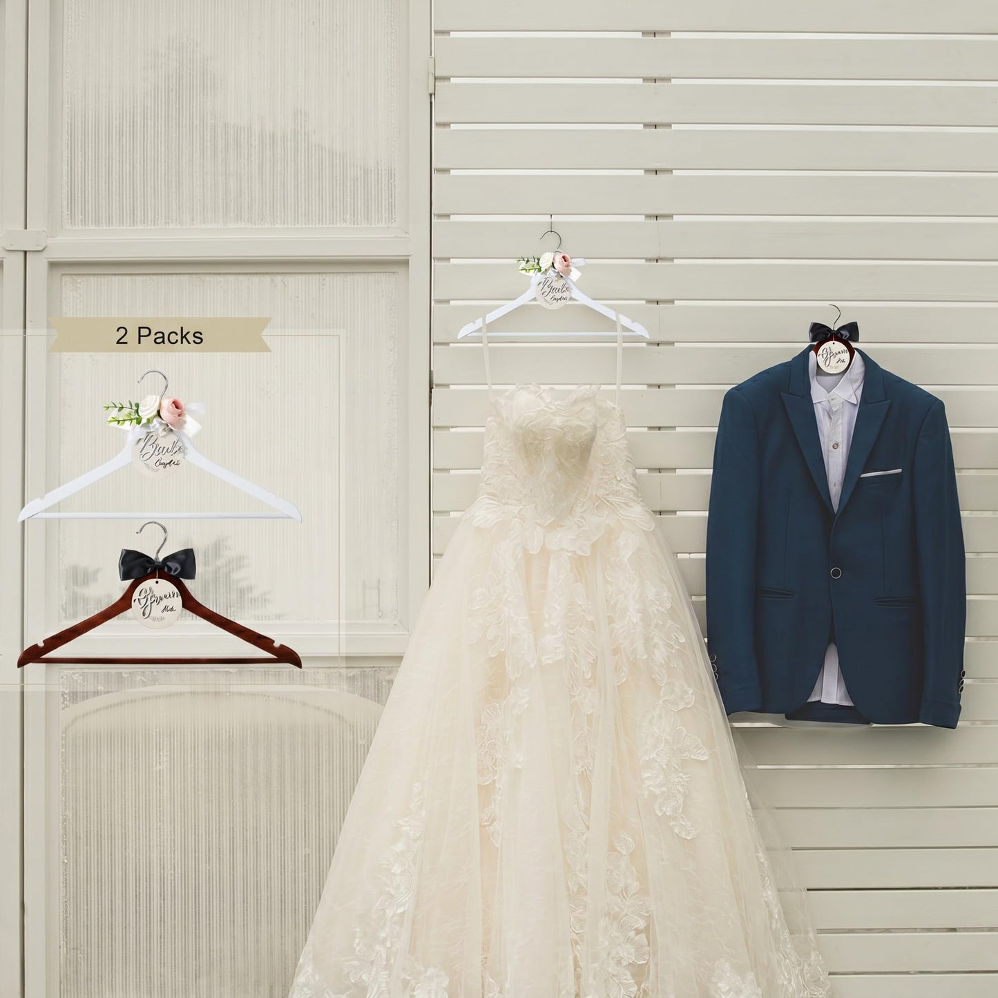 FillTouch 2 Pack Bride Hanger for Wedding Dress Elegant Bride Dress and Groom Tuxedo Suit Wooden Hanger with Bow Tie for Wedding Day Gift Supplies Bridal Party Shower(Pink)
