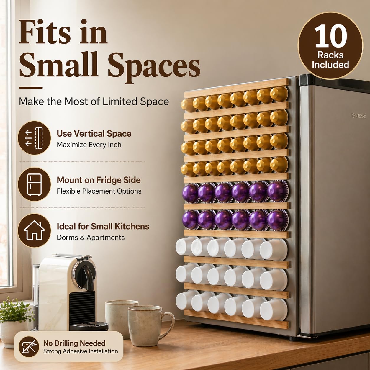 VOMELON K Cup Holder,Wooden Coffee Pod Holder,10 PCS Under Cabinets Wall Mounte Vertically/Horizontally,Coffee Pod Storage for Coffee Shop Desktop Office and Kitchen, Bamboo Wood