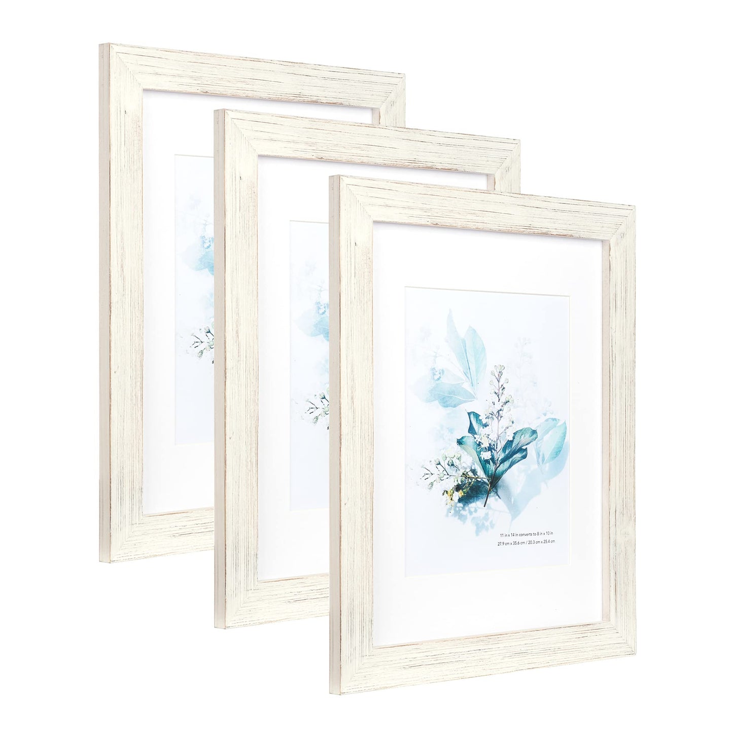 KAIWIN 100% Solid Wood White 11x14 Picture Frame 3 Pack Display Picture 8x10 with Mat, Rustic Wooden Photo Frames for Wall Mounting