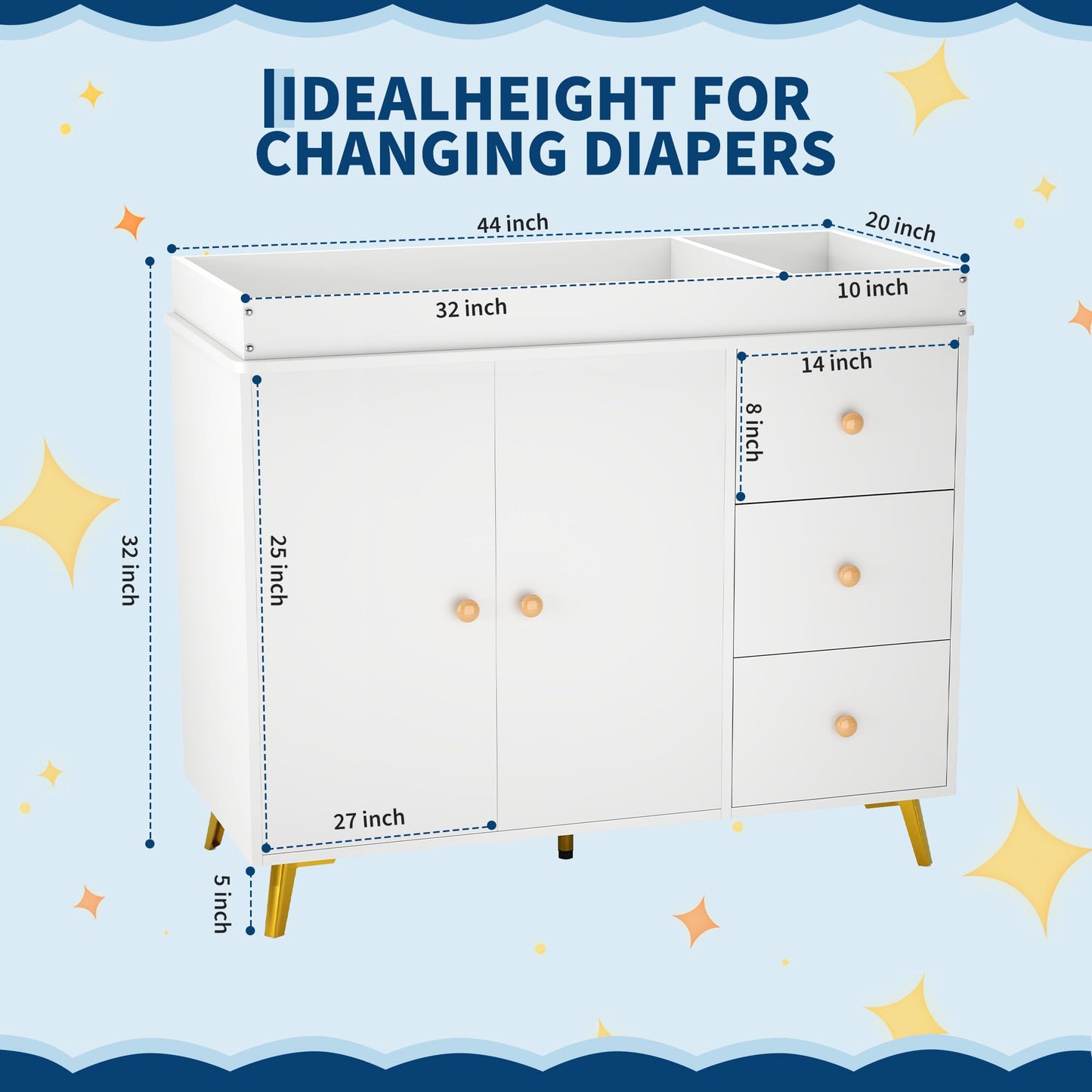 Garvee Baby Changing Table, White Wooden Dresser with 3 Drawers and Cabinet
