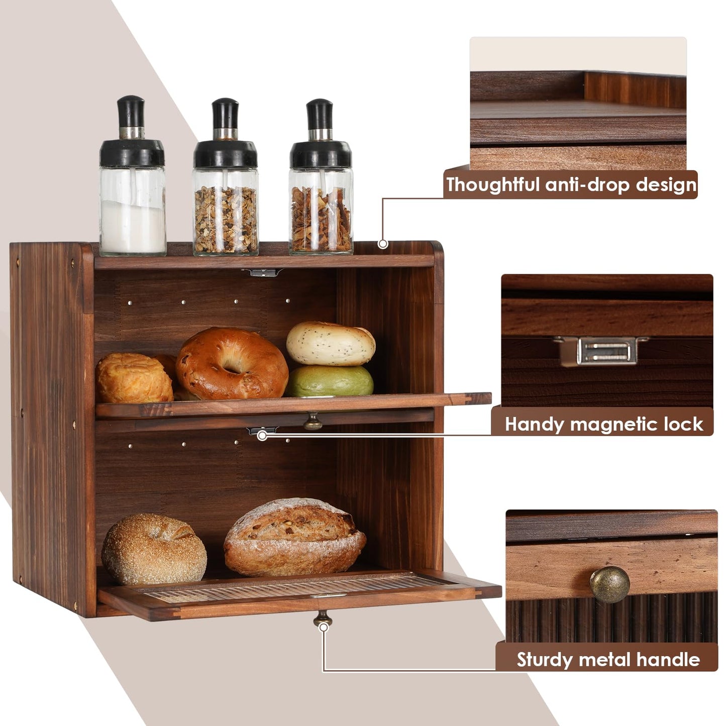 Sunhoo Double Layer Bread Box (L14.4in*W9.4in*H13.4in/Brown) and Single Wooden Bread Storage(L14.37in*W9.25in*H8.66in/Brown) Rustic Bread Keeper Farmhouse Food Organizer Pantry Shelf Acrylic Window