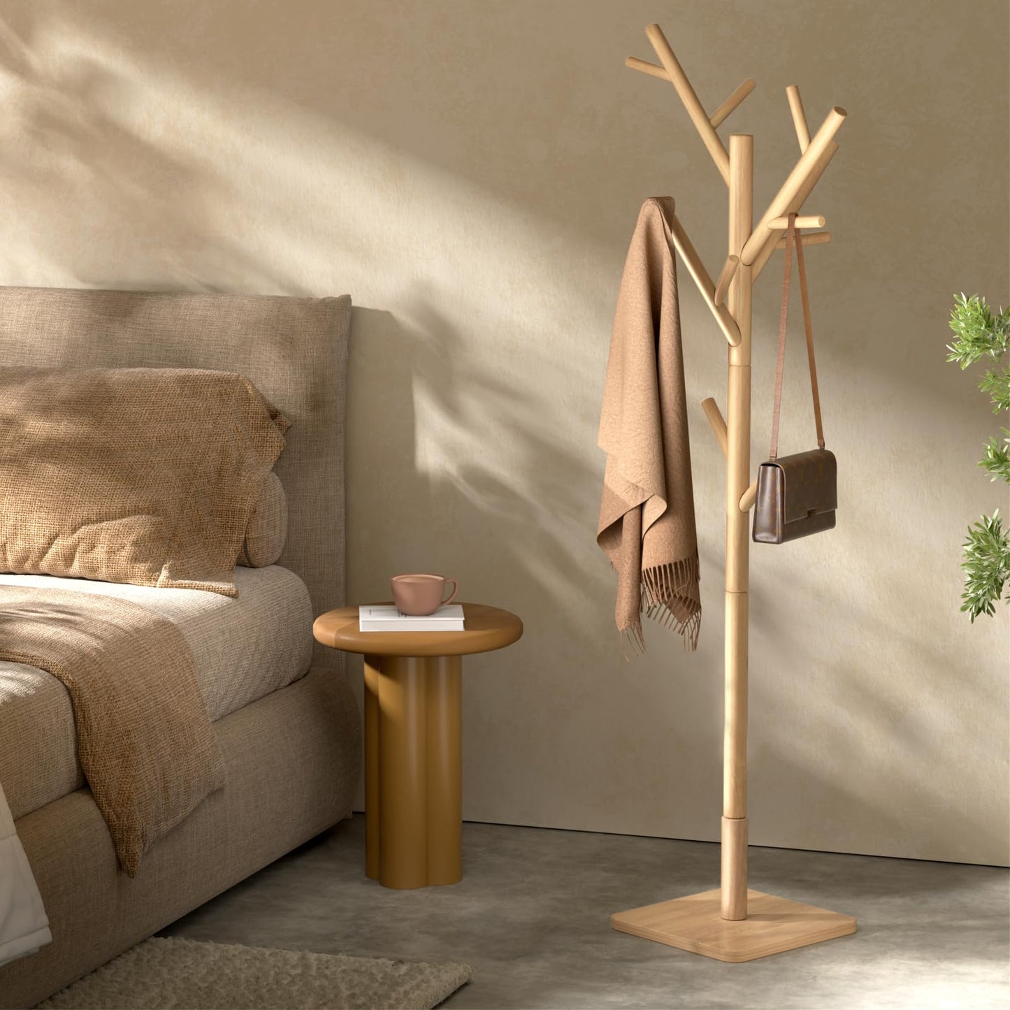 Solid Wood Coat Rack - Freestanding Coat Hat Rack Stand with 14 Hooks, Clothes Rack Heavy Duty Space Saving Entryway Coat Tree Hanger Rack for Coats Jackets Hats Bags, Adjustable Height (Natural)