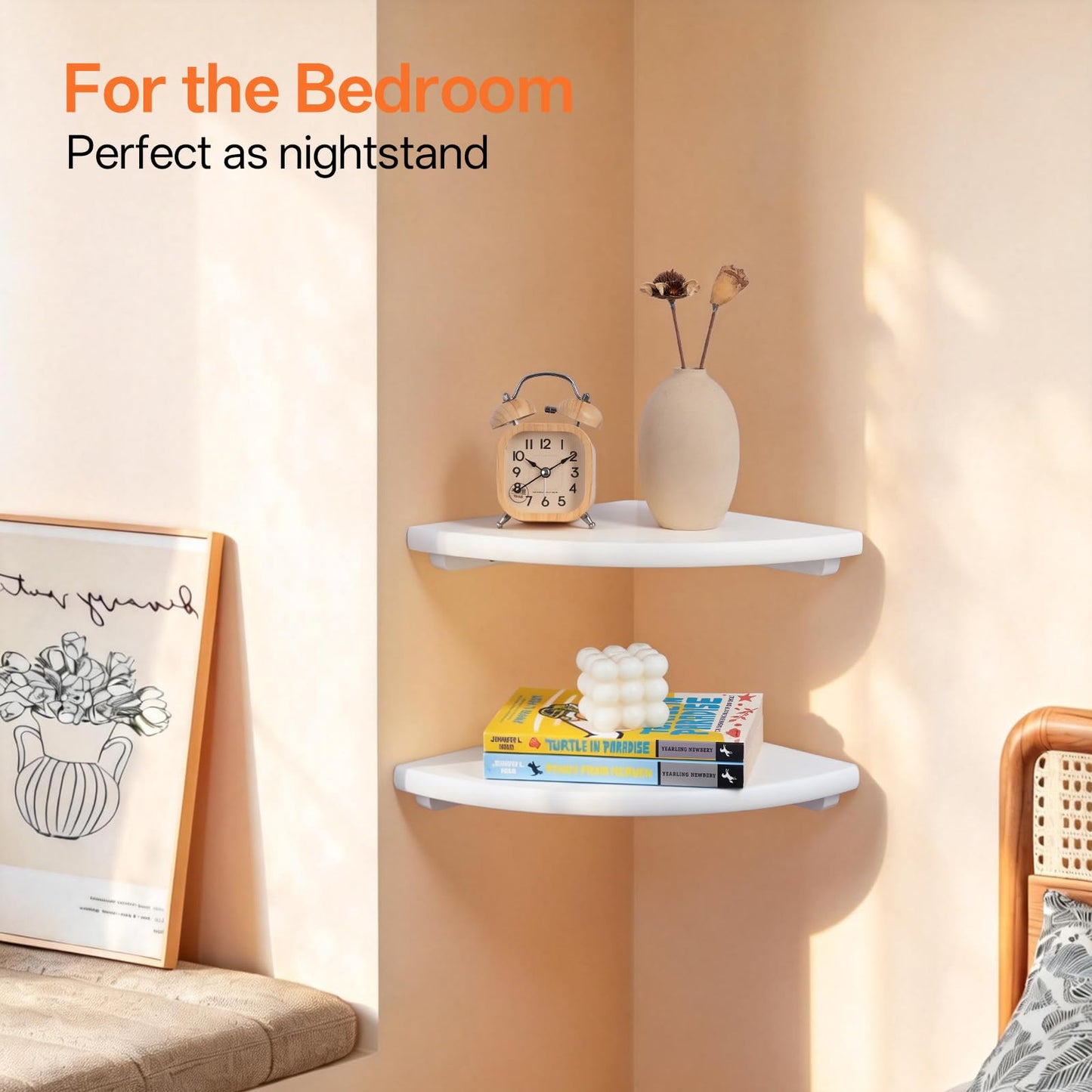 Gieanoo Floating Corner Shelves Set 2 7inch White Solid Oak Rounded Corner Shelves Wall Mounted with Cable Hole Wood Corner Hanging Shelves for Living Room Bedroom Bathroom Kitchen