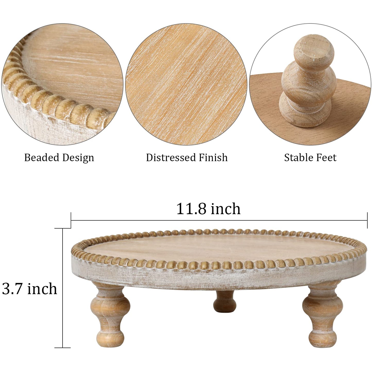 SwallowLiving Rustic Round Wood Tray Riser Farmhouse Pedestal Stand With Beaded Edge for Decor Wooden Finish Cupcake Display for Cakes and Decorative Items 11.8 inches