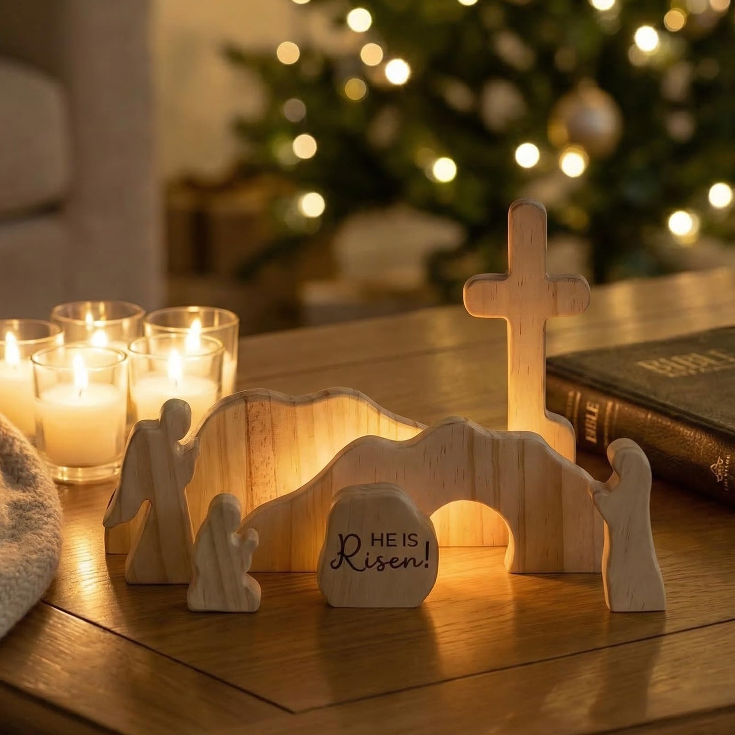 GRECOMEIN He is Risen Wooden Easter Resurrection Scene, Handcrafted Solid Wood Empty Tomb Set with Rolling Stone and Cross, Christian Religious Decor, Catholic Gifts