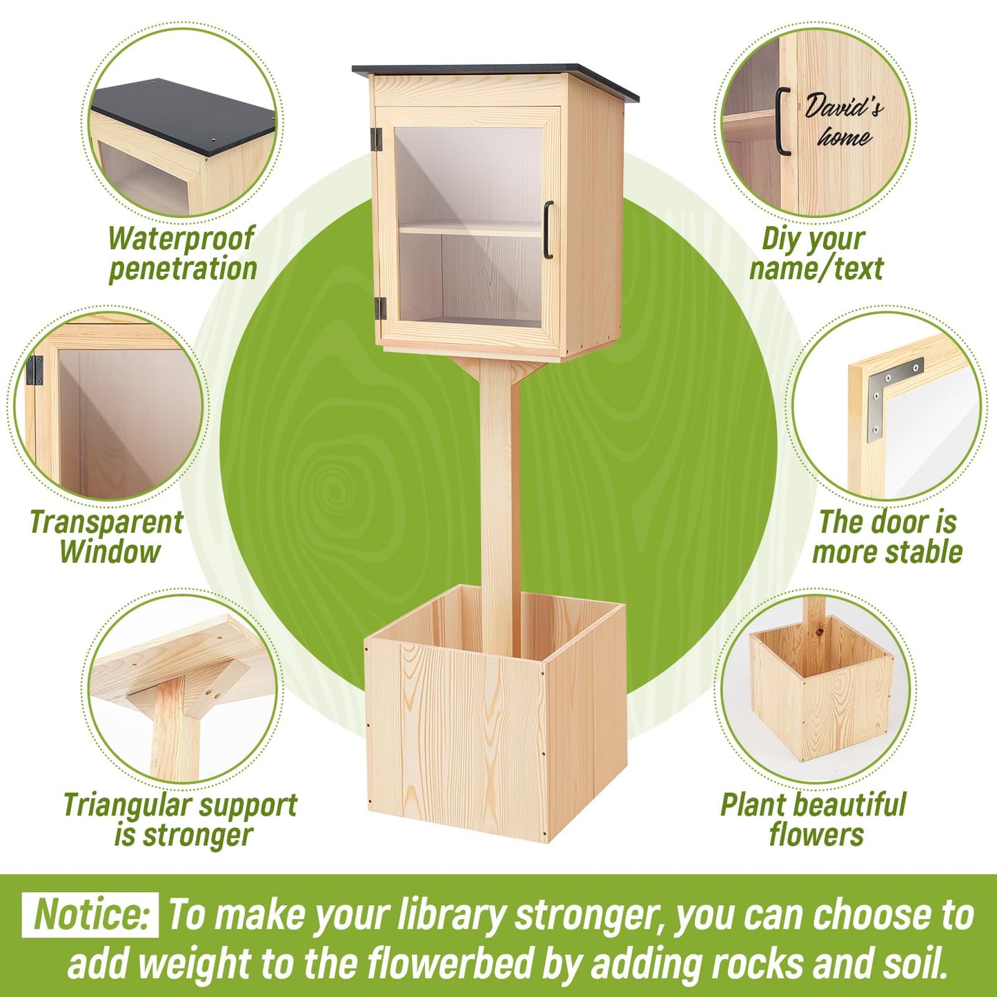 Wonderjune Wooden Little Library Box Outdoor, Weatherproof Double Solid Wood Book Exchange Box with Floor Plugs and Small Flower Fence for Neighborhoods, Community, Literature, School(Natural Wood)