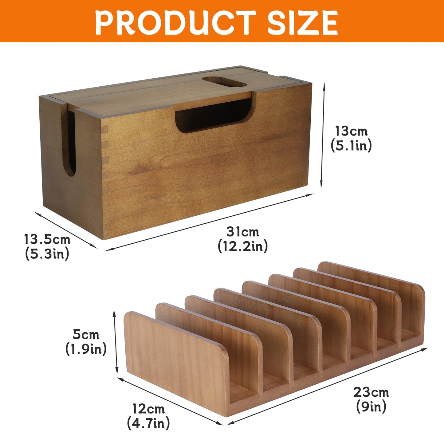 Gdfjiy Charger Organizer, Wooden Family Charging Station Organizer for Multiple Devices, Cable Management Box with Magnetic Lid, 7 Compartments Cell Phone Stand Tablets Holder, Desk Dock Space-Saving