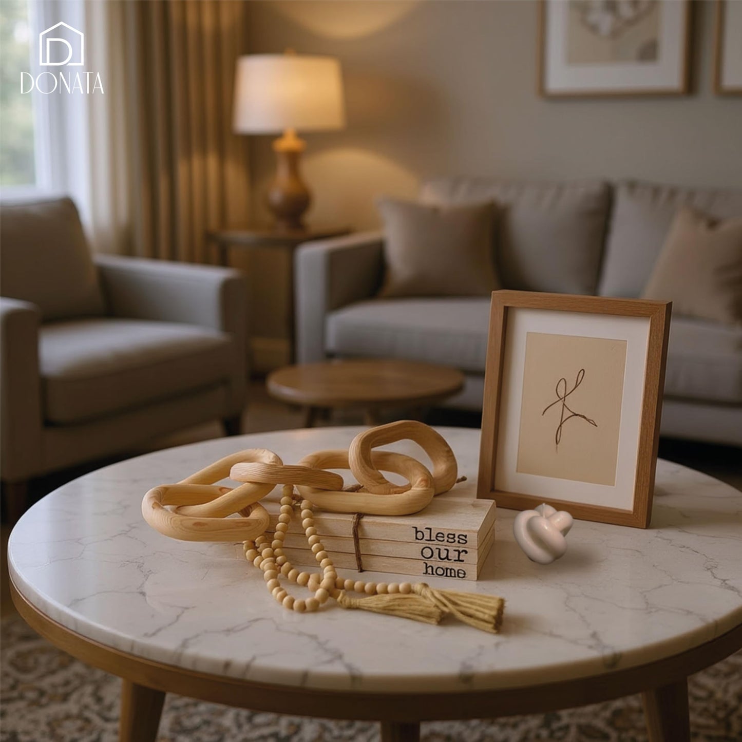 Boho Decor Set – 4-Piece Neutral Home Accents for Shelf, Entryway, Coffee Table – Includes Faux Wood Books, Bead Garland, Rustic Chain & Scented Knot Candle – Farmhouse & Minimalist Style