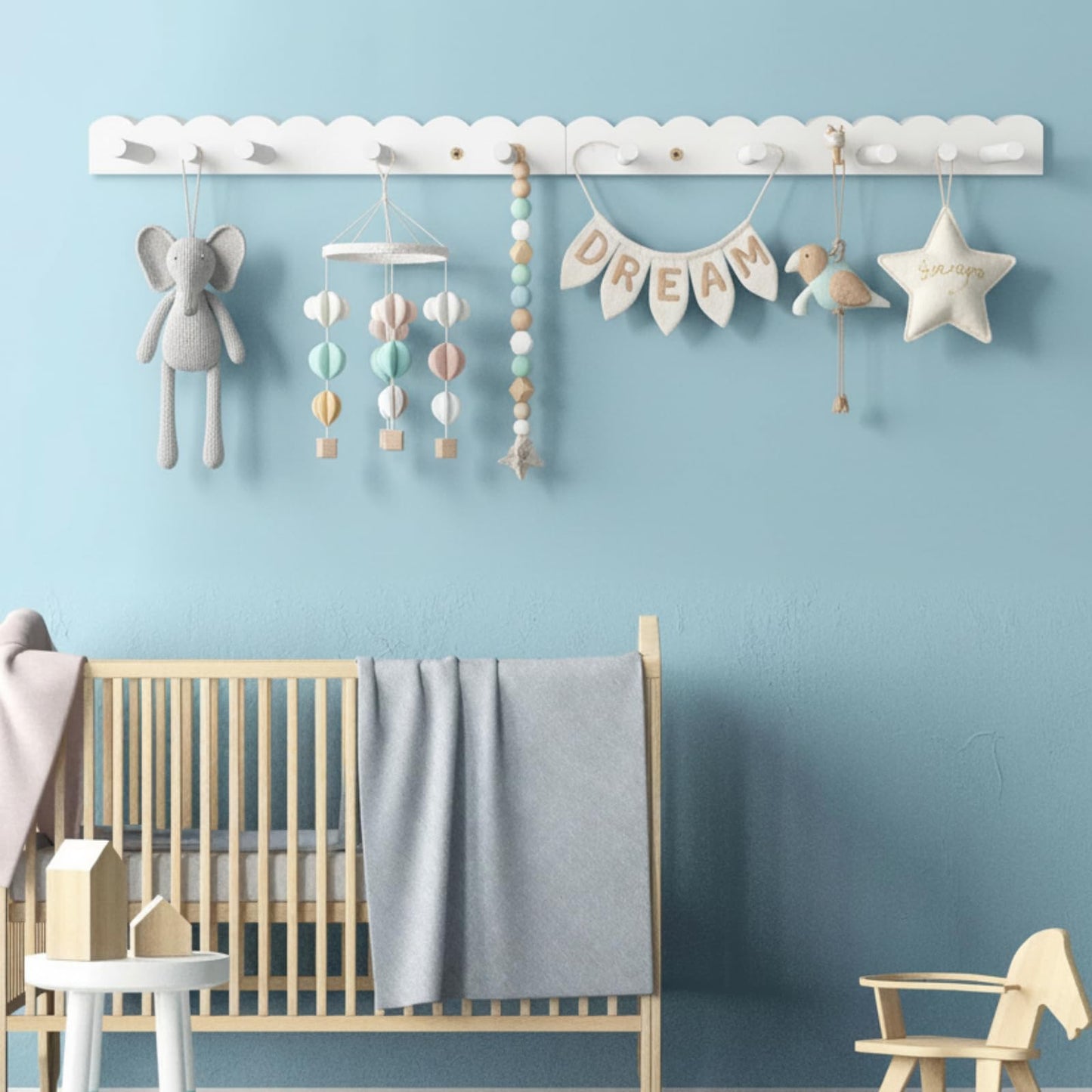 Leinuosen 2 Pack Scalloped Coat Rack Wall Mount Cute Nursery Wall Hook 16 Inch 8 Hooks Wood Backpack Hanger for Toddler Kids Clothes Hat Towel Keys Bathroom Classroom Playroom Nursery Decor