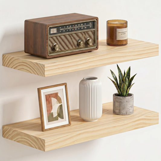 Fun Memories Solid Wood Floating Shelves for Wall, Set of 2 – 18 Inch Rustic Farmhouse Wall Shelf, Deep Natural Wood Storage Shelf for Kitchen, Living Room, Bedroom – Natural Clear Finish