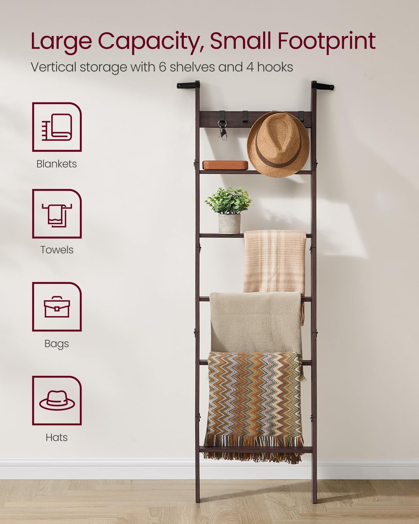 VASAGLE CUSTOS Collection - Blanket Ladder Shelf, 6-Tier Ladder Rack for Storage and Decor with 4 Removable Hooks, Decorative Farmhouse for the Living Room, Maroon Brown ULLS038K01