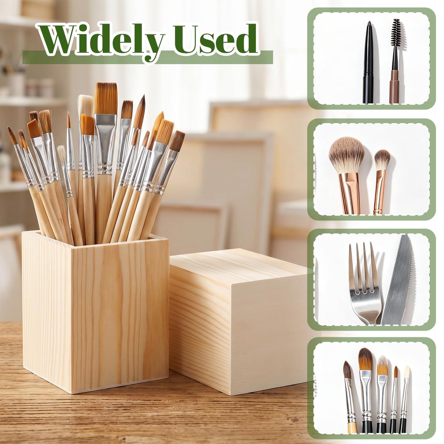 12 Pack Wood Pen Holder Unfinished Pine Wood Pencil Cup for DIY Crafts, Office Desk Organizer, 3 x 3 x 4 Inch Natural Square Wooden Holder for Pens Markers Scissors