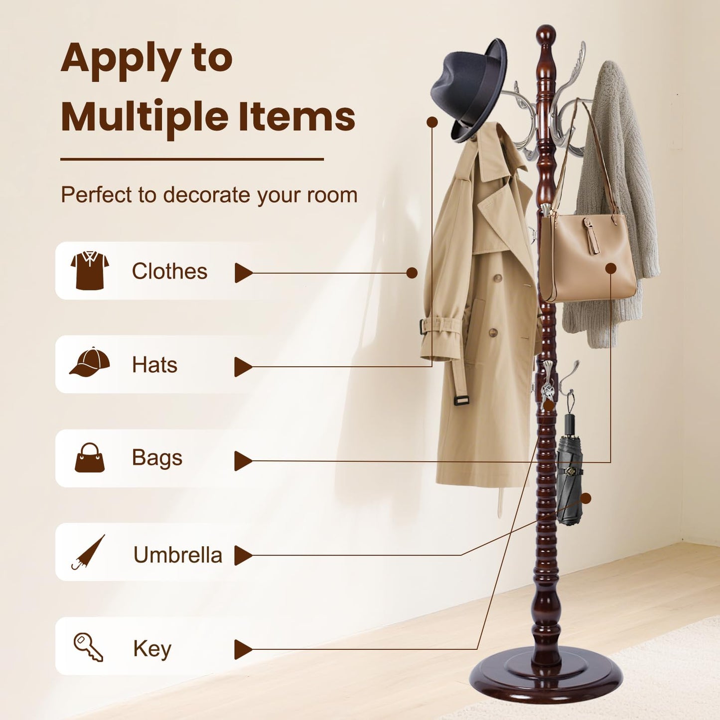 YFYUA Freestanding Coat Rack with 14 Hooks, Sturdy Wooden Hall Tree for Entryway, Heavy-Duty Disc Base,for Hanging Hats, Jackets, Bags, Easy Assembly for Bedroom, Hallway, Office