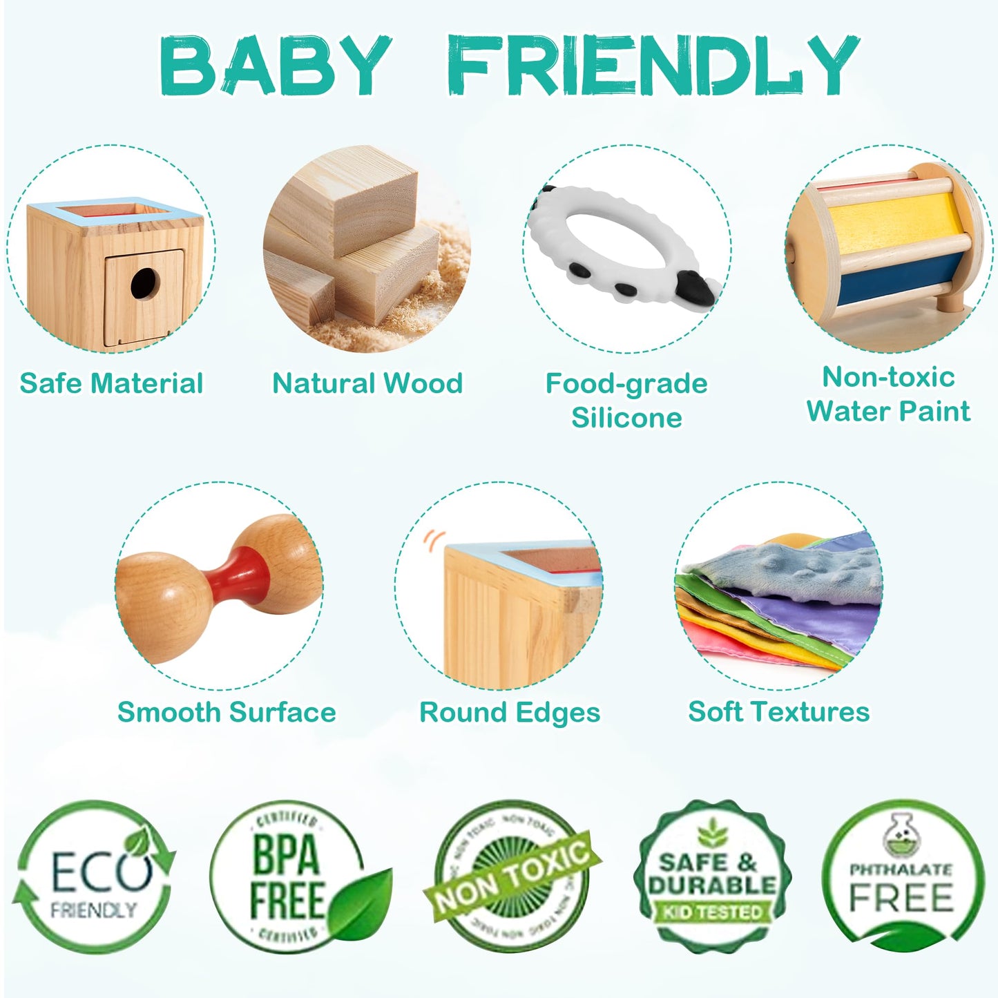 WOODMAM Montessori Toys for Babies 0-6 Months, 9 in 1 Learning Educational Baby Gifts for Newborn 0-3-6 Months, Includes High Contrast Cards, Baby Tissue Box Toy, Spinning Drum, Teether and More