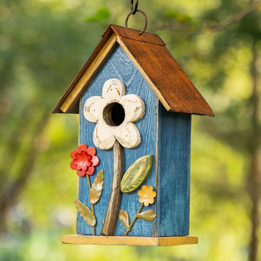 Glitzhome Hanging Bird House for Outdoor, 10.2" H Decorative Birdhouse Pet Cottage Distressed Wooden Bluebird House with 3D Flowers for Outdoor Patio Garden, Washed Blue