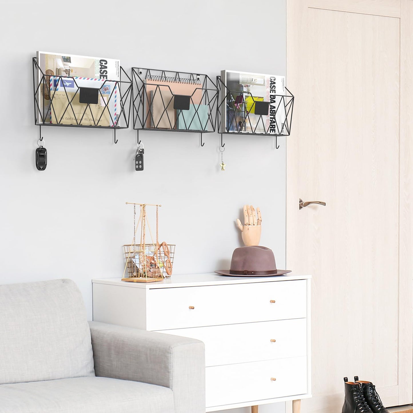 YBING Wall File Organizer Mesh Hanging Wall-mount Files Holder 6 Pack Hanging Wire Magazine Rack and Mail Holder with Hooks Office Wall Organizer for Papers Folders Files Clipboard Black