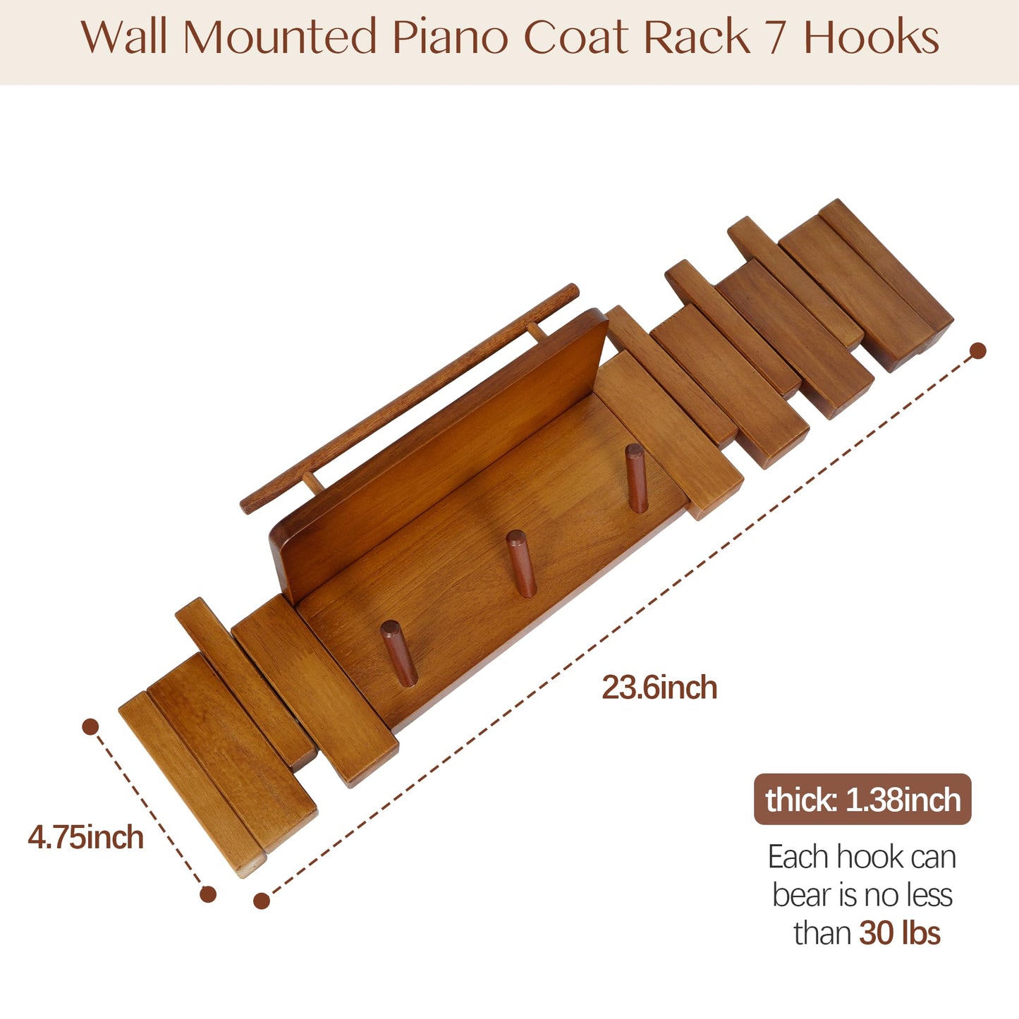 tonchean Wall Mounted Coat Rack, Piano Key Flip Style Walnut Wood Coat Hanger with 7 Hooks, Solid Wooden Hanging Rack for Home Entryway Bedroom Kitchen Living Room