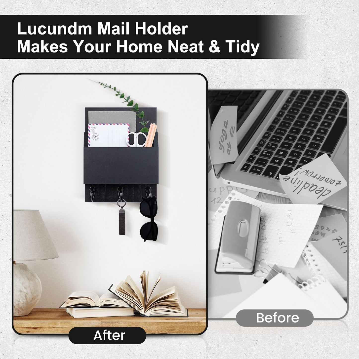 Lucundm Key and Mail Holder for Wall Mount, Entryway Mail Holder with 2 Slot, Key Holder with 3 Sturdy Hooks for Coat, Dog Leash, Decorative Key Rack (8.86”W x 11.42”H x 3”D) (Black)