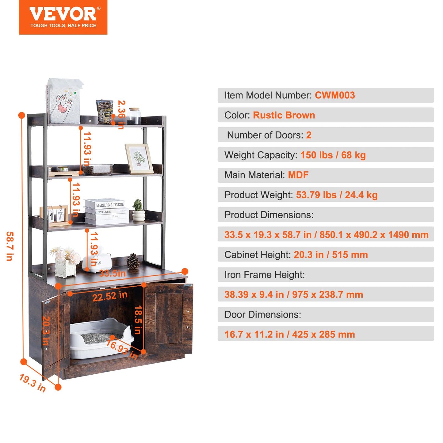 VEVOR Cat Litter Box Enclosure, Hidden Litter Box Furniture with 3 Storage Shelves, Wooden Cat Washroom Indoor, Large Cat House Cabinet Hidden Fit Most Litter Box, 33.5"L x 19.3"W x 58.7"H, Dark Brown
