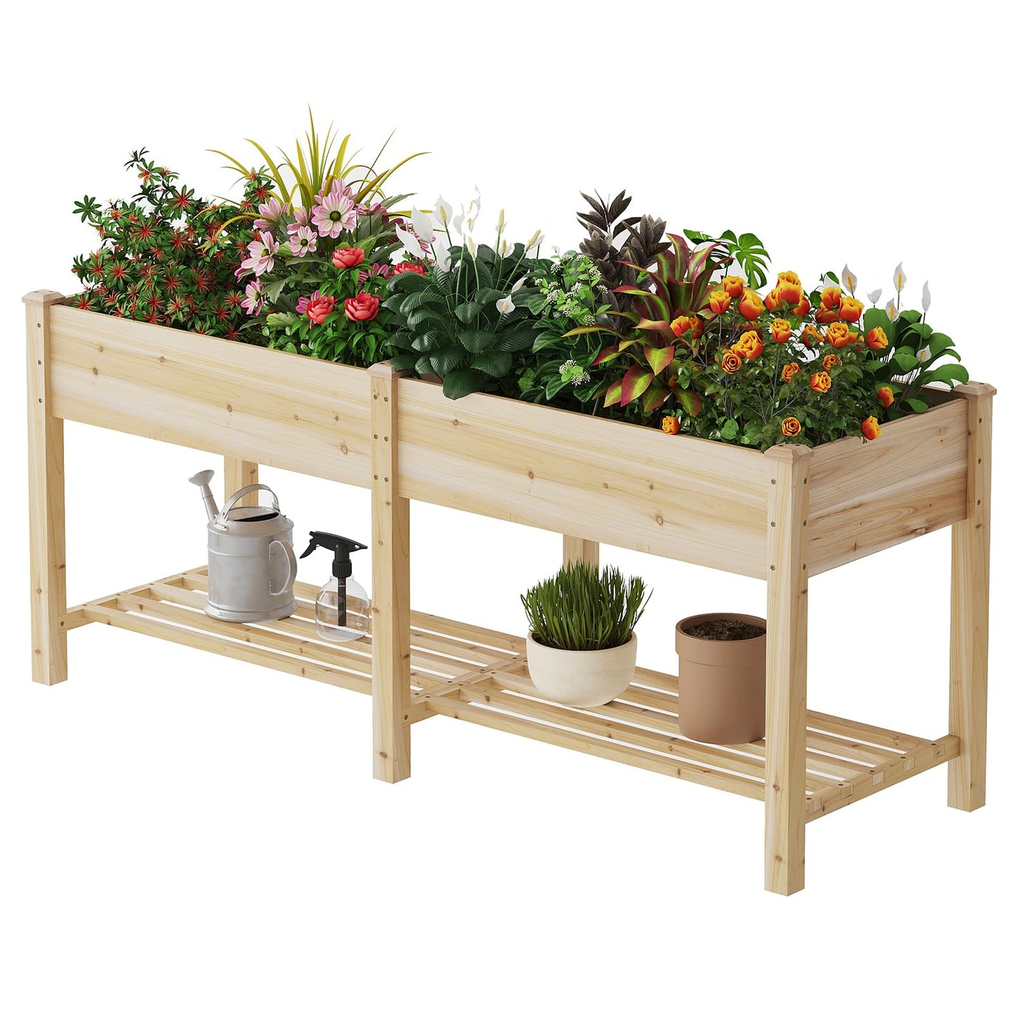 PULIJIAJU 72x24x30.5in Raised Garden Bed Elevated Wood Planter Box with Shelf Garden Planter with Legs for Backyard, Patio, Balcony w/Divider Liner, 300lb Capacity -(Natural)