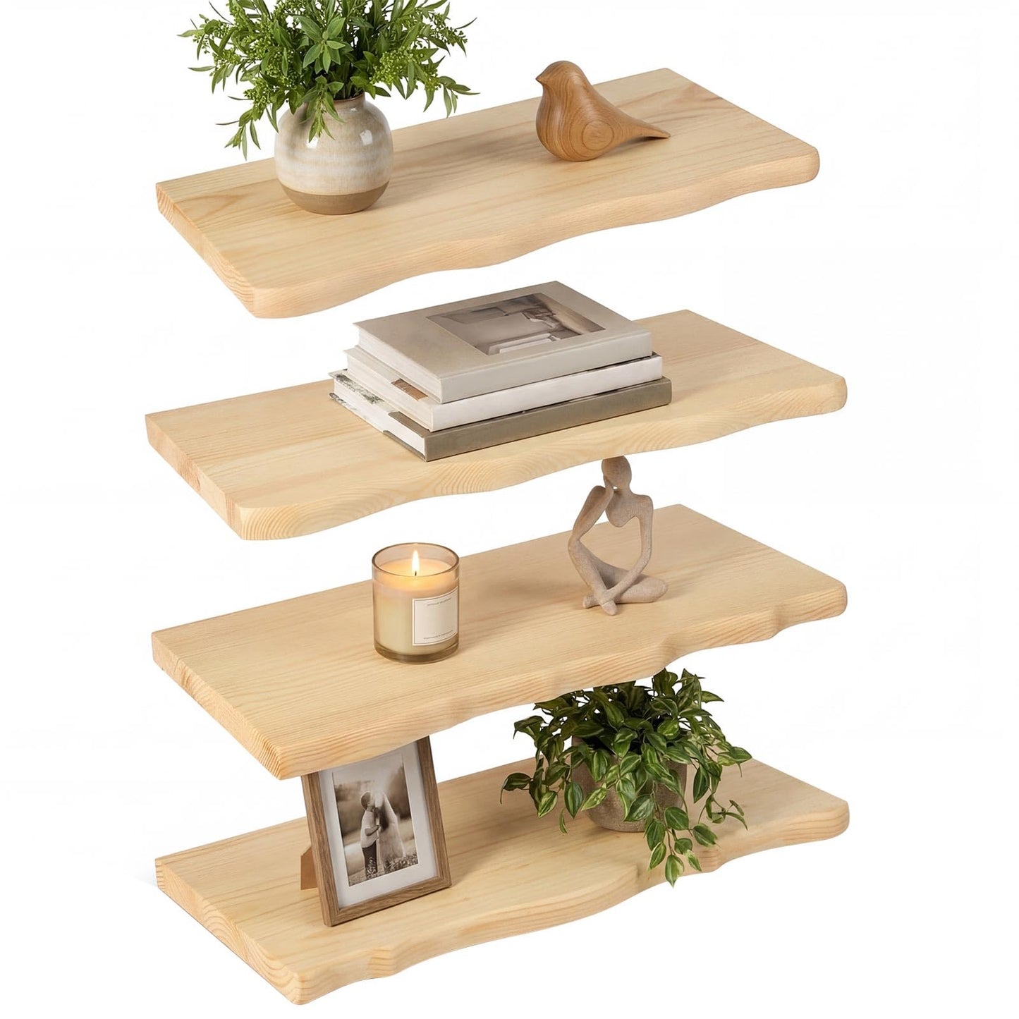 Pinkunn 4 Pcs Floating Shelves for Wall Rustic 15.75 Inches Wooden Floating Shelf Wooden Shelves Modern Farmhouse Decor for Bathroom Living Room Bedroom Kitchen Wall Mounted Live Edge Pine Shelf