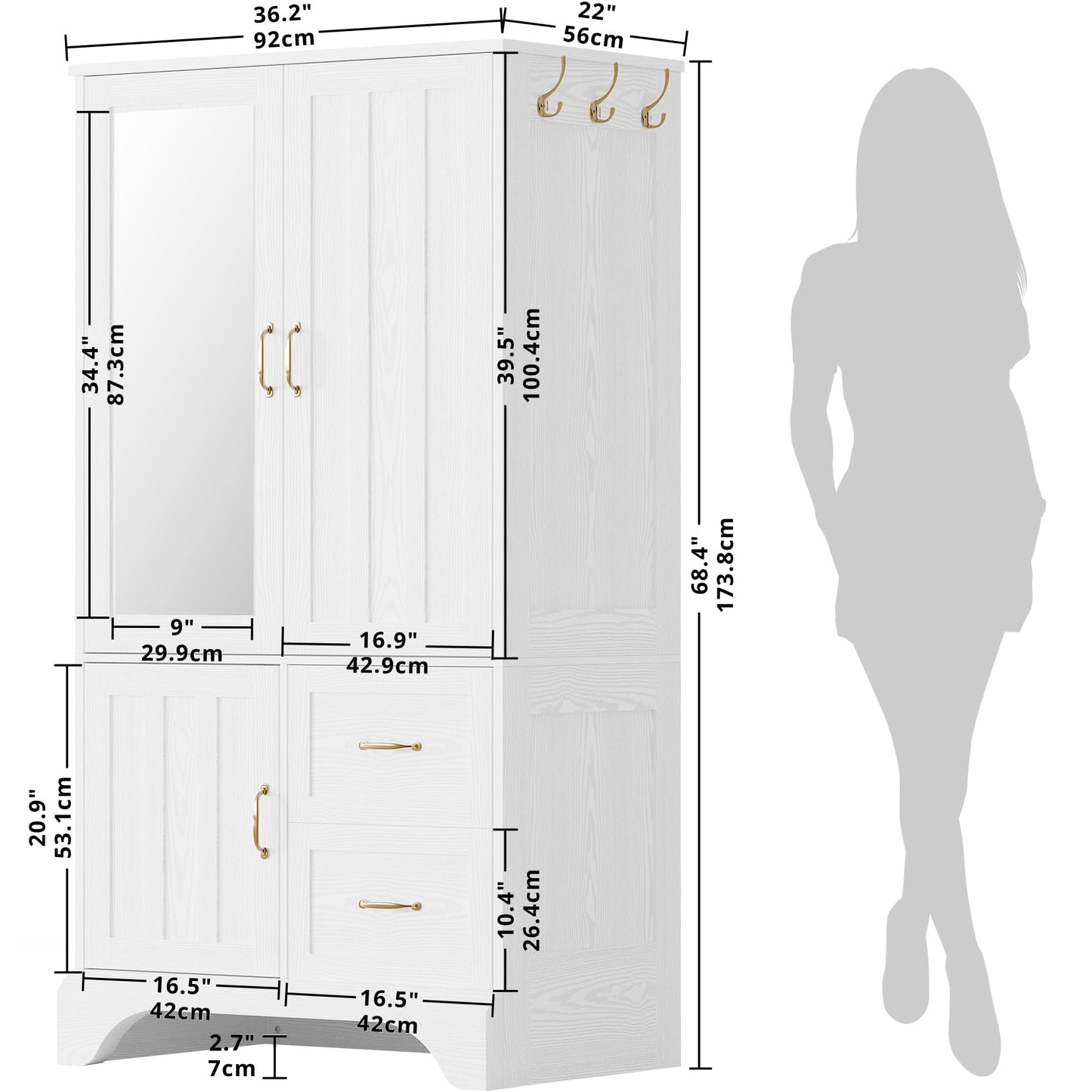 LIKIMIO Armoire Wardrobe Closet with Mirror and 3 Doors and 2 Drawers, Bedroom Wooden Armoire Storage Cabinet Combination with Hanging Rod for Bedroom, White